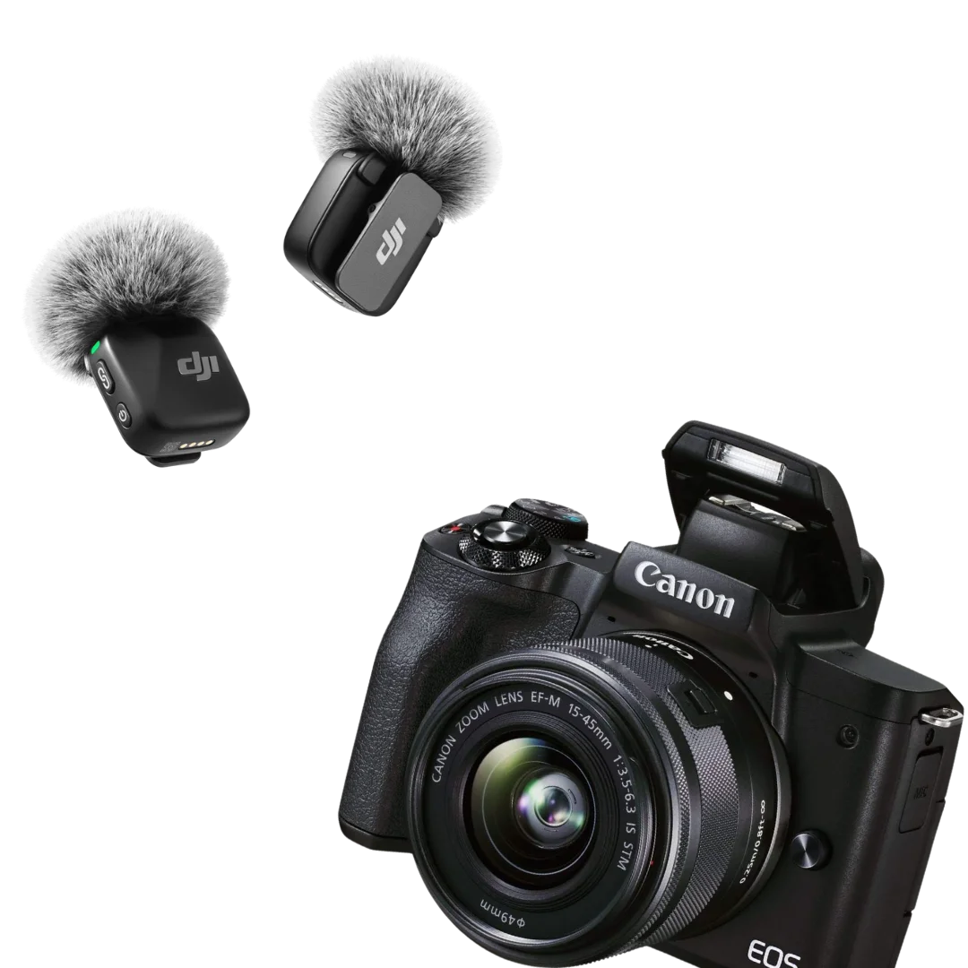 Cámara Canon EOS y micrófonos DJI utilizados por Digital Echo para producción audiovisual.