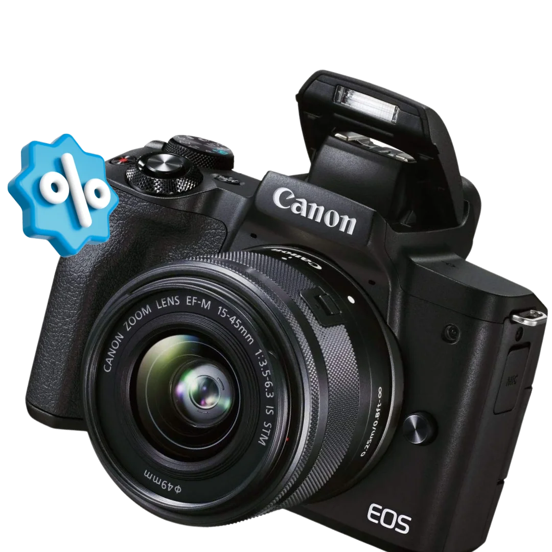 Cámara Canon con ícono de descuento utilizada para ilustrar la promoción del 30% en servicios de Digital Echo.